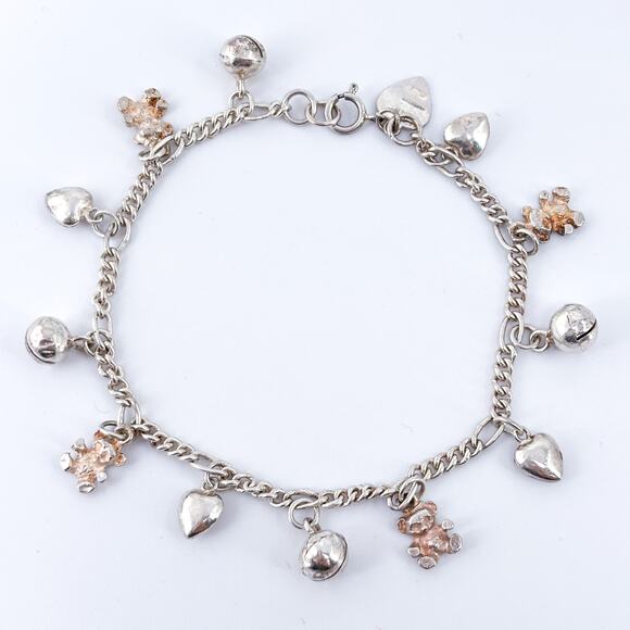 Vintage Sterling Silver Charm Bracelet | Hearts, Bells & Teddy Bears | 7” - Picture 3 of 6
